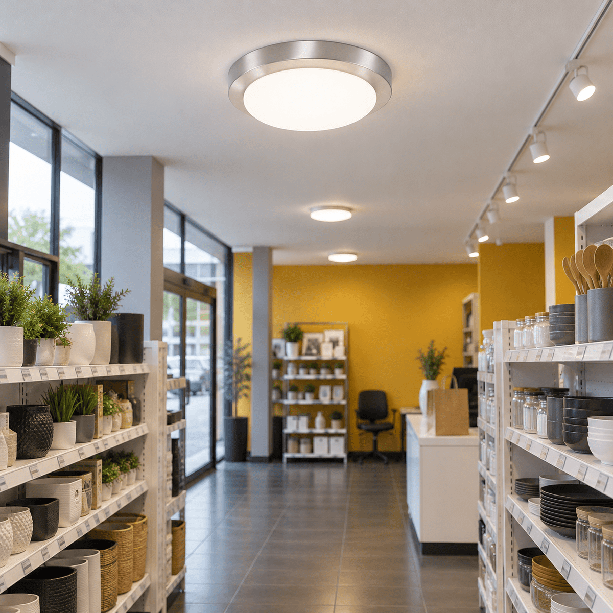 Large Satin Chrome Ceiling Light — Retail walkway above product shelving