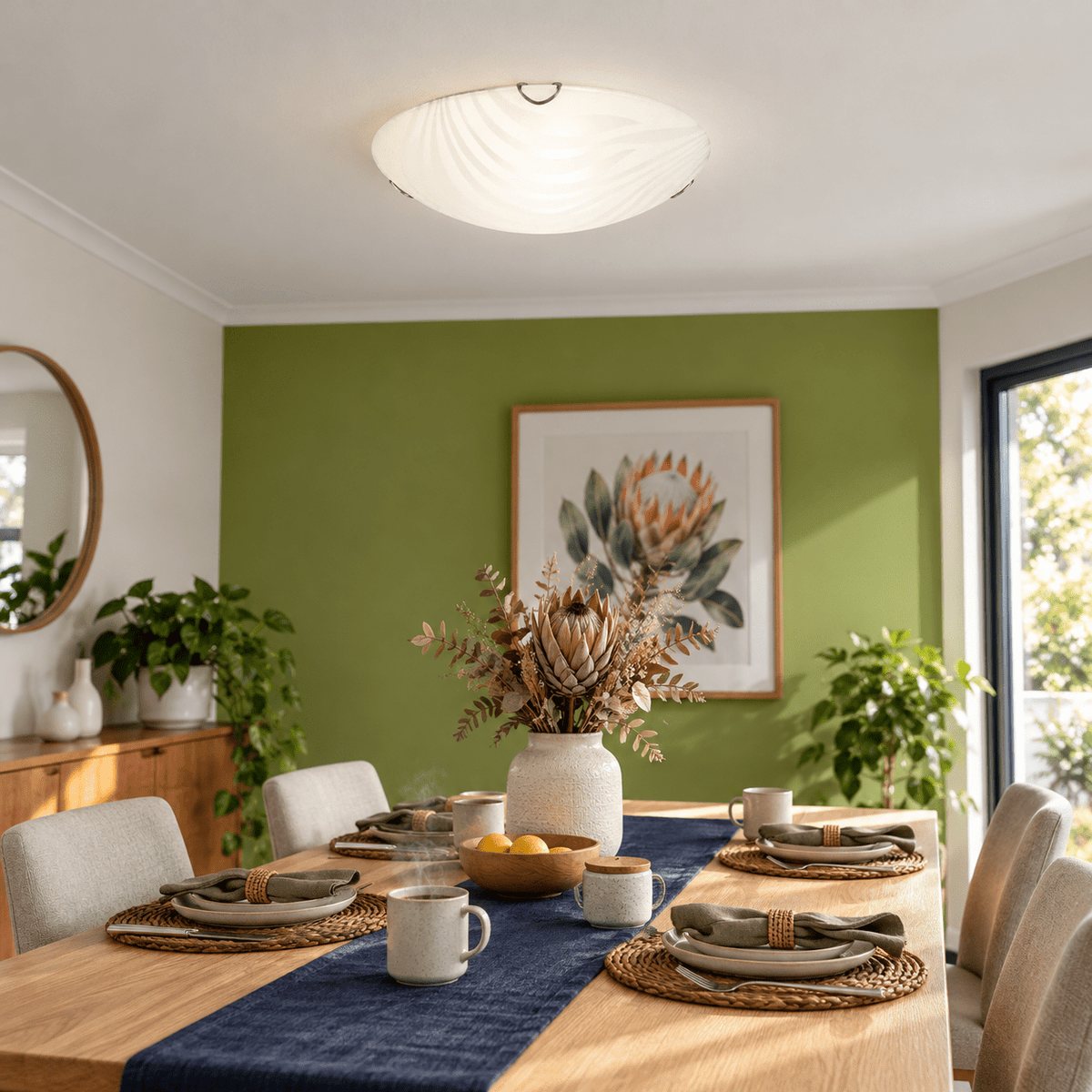 Frosted Glass Ceiling Light Indoor — Dining room over table, crisp morning light
