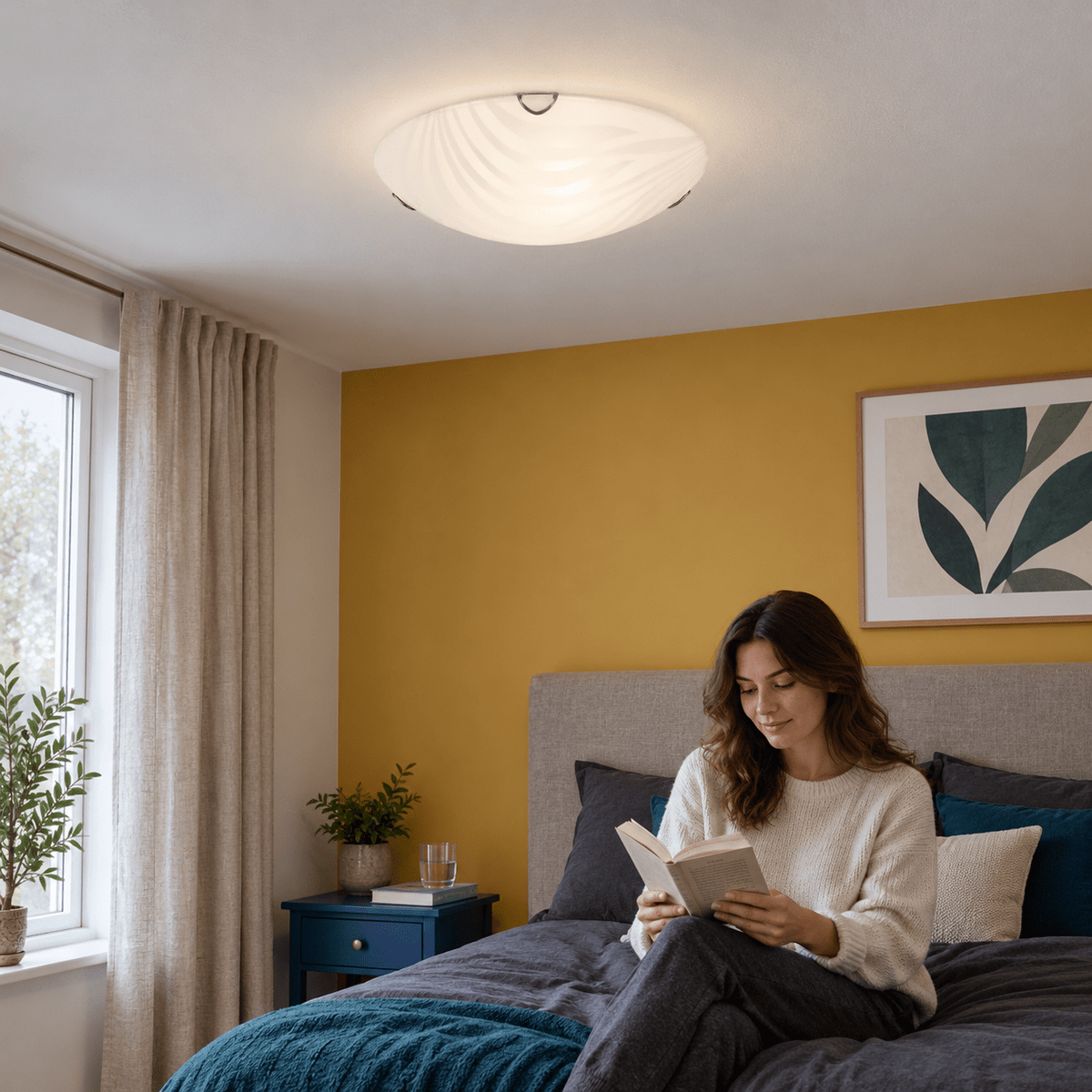Frosted Glass Ceiling Light Indoor — Bedroom lounge corner, overcast afternoon use