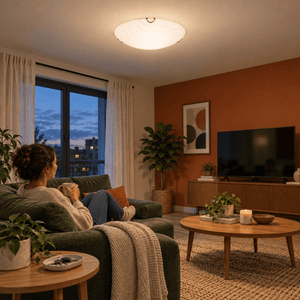 Frosted Glass Ceiling Light Indoor — Living room at early evening, warm-neutral household comfort