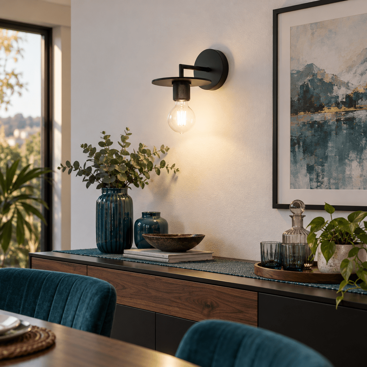 Trends Black Indoor Wall Light — Dining room sideboard accent, late afternoon