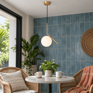 Branch Pendant Light - Satin Gold with Opal White Glass — Covered indoor patio style entry nook (daylight-led)