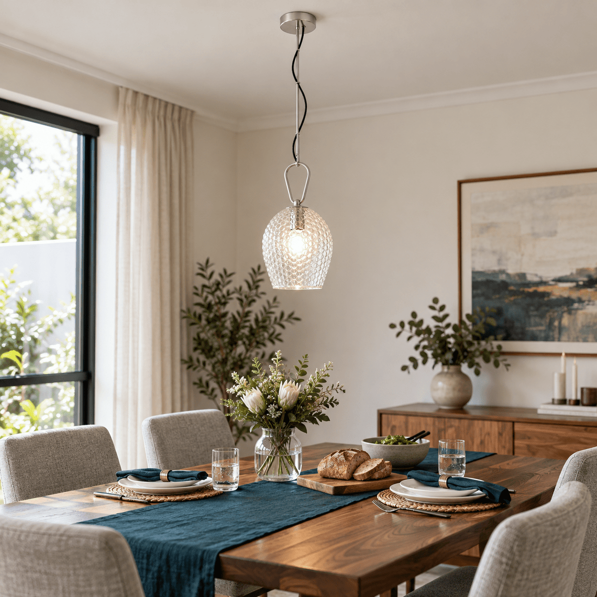 Cedar Clear Glass Pendant Light - Satin Nickel — Bright Dining Table Glow, Daylight