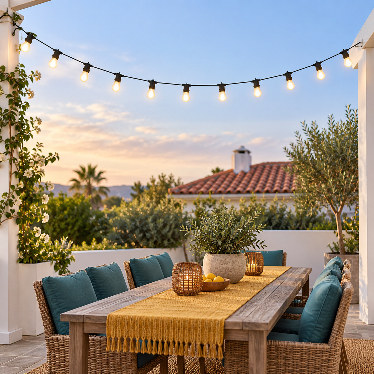 Single festoon cable above a pergola dining table in late-afternoon daylight.