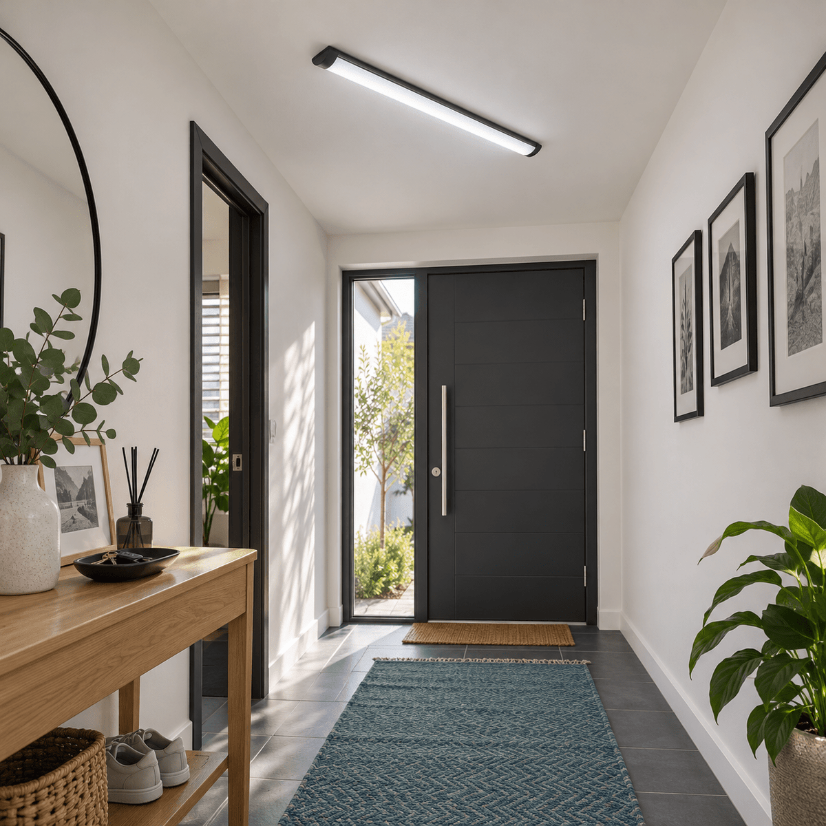 Black Flush Mount Ceiling Light LED 6500K in an entrance corridor
