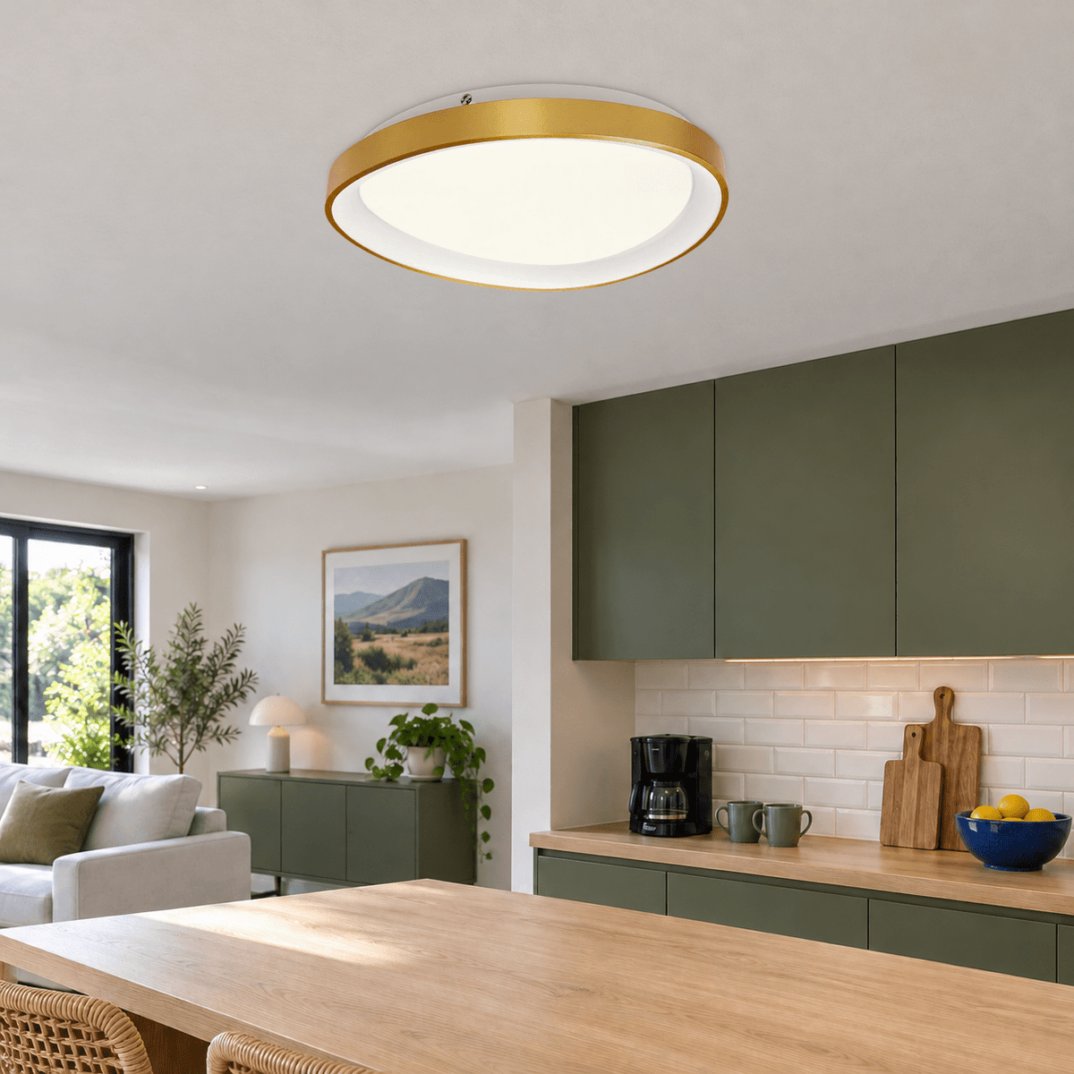 Gold 36W LED Ovoid Ceiling Light, 42cm, 3000K — olive kitchen and living space
