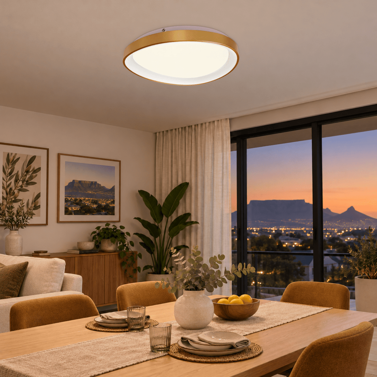 Gold 36W LED Ovoid Ceiling Light, 42cm, 3000K — dining and lounge at dusk