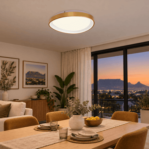 Gold 36W LED Ovoid Ceiling Light, 42cm, 3000K — dining and lounge at dusk