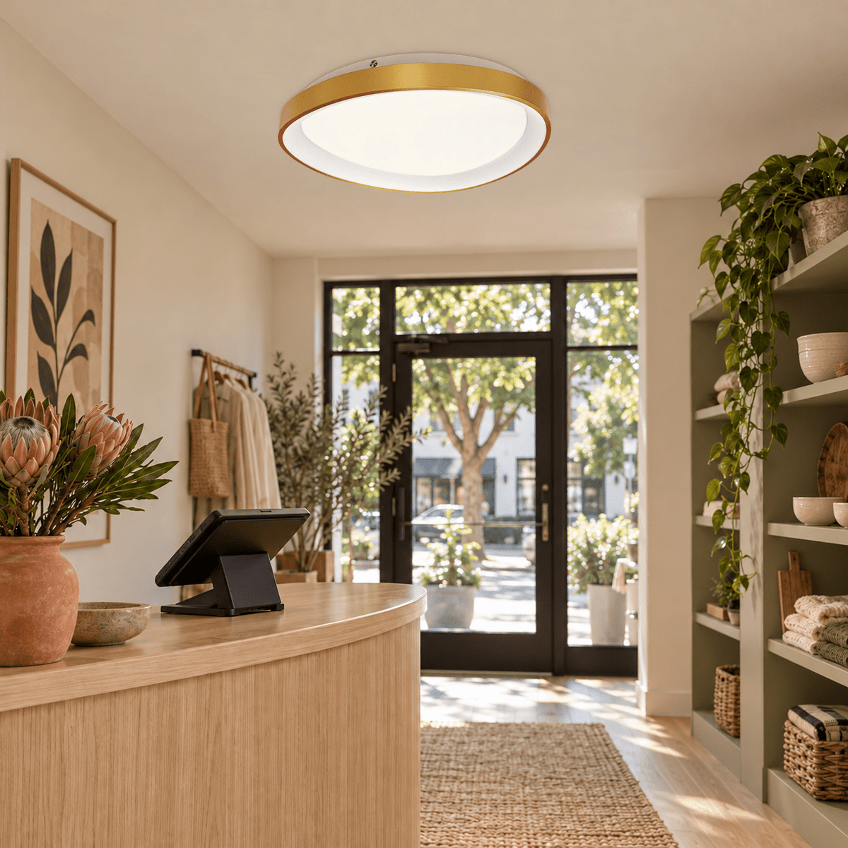 Gold 36W LED Ovoid Ceiling Light, 42cm, 3000K — boutique checkout in daylight