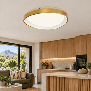 Gold 36W LED Ovoid Ceiling Light, 42cm, 3000K — close detail in a kitchen and lounge