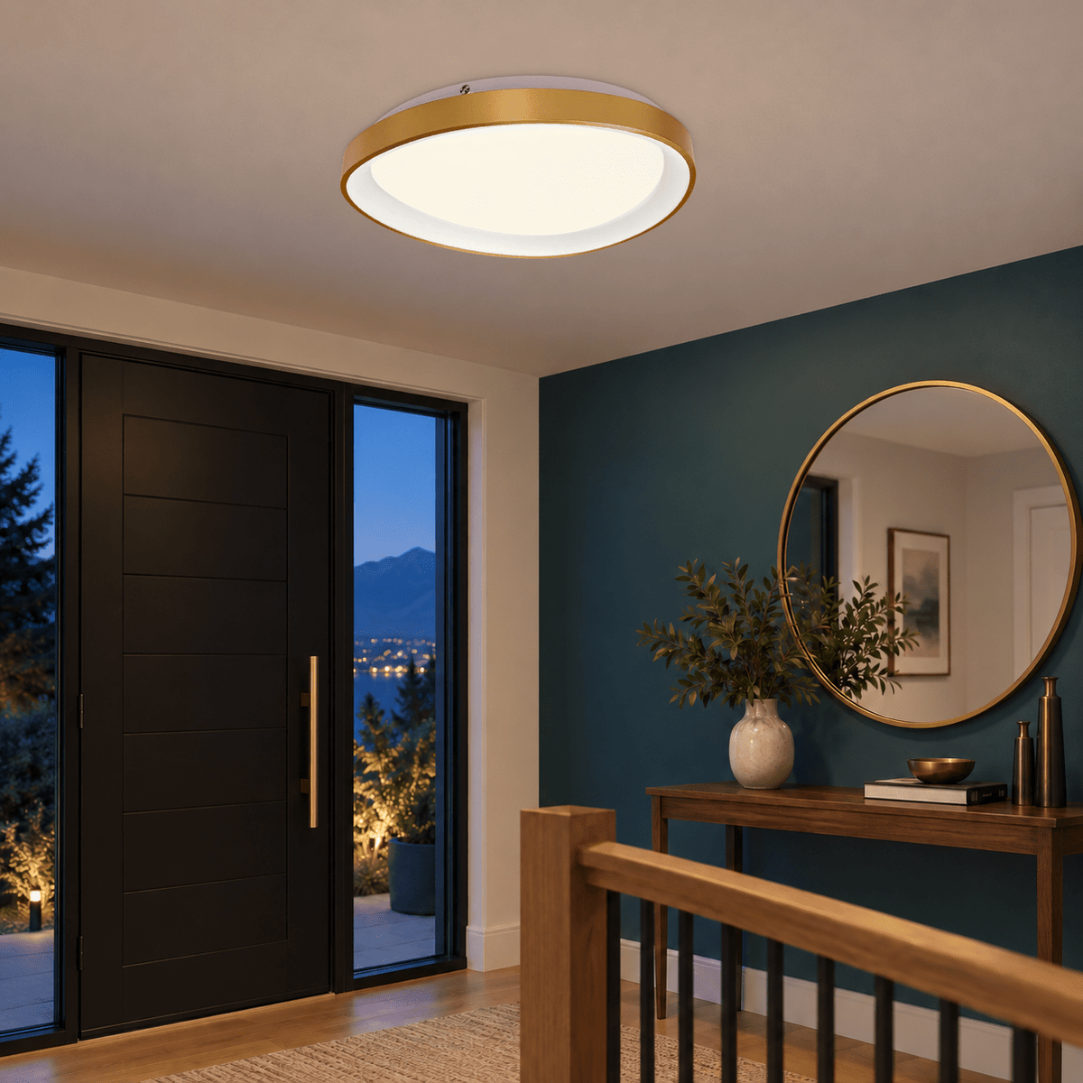 Gold 36W LED Ovoid Ceiling Light, 42cm, 3000K — evening entry and stair landing