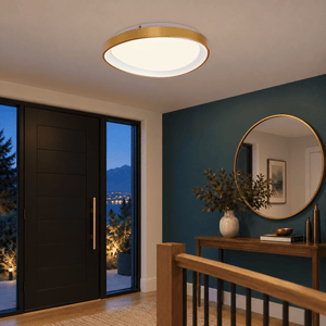 Gold 36W LED Ovoid Ceiling Light, 42cm, 3000K — evening entry and stair landing
