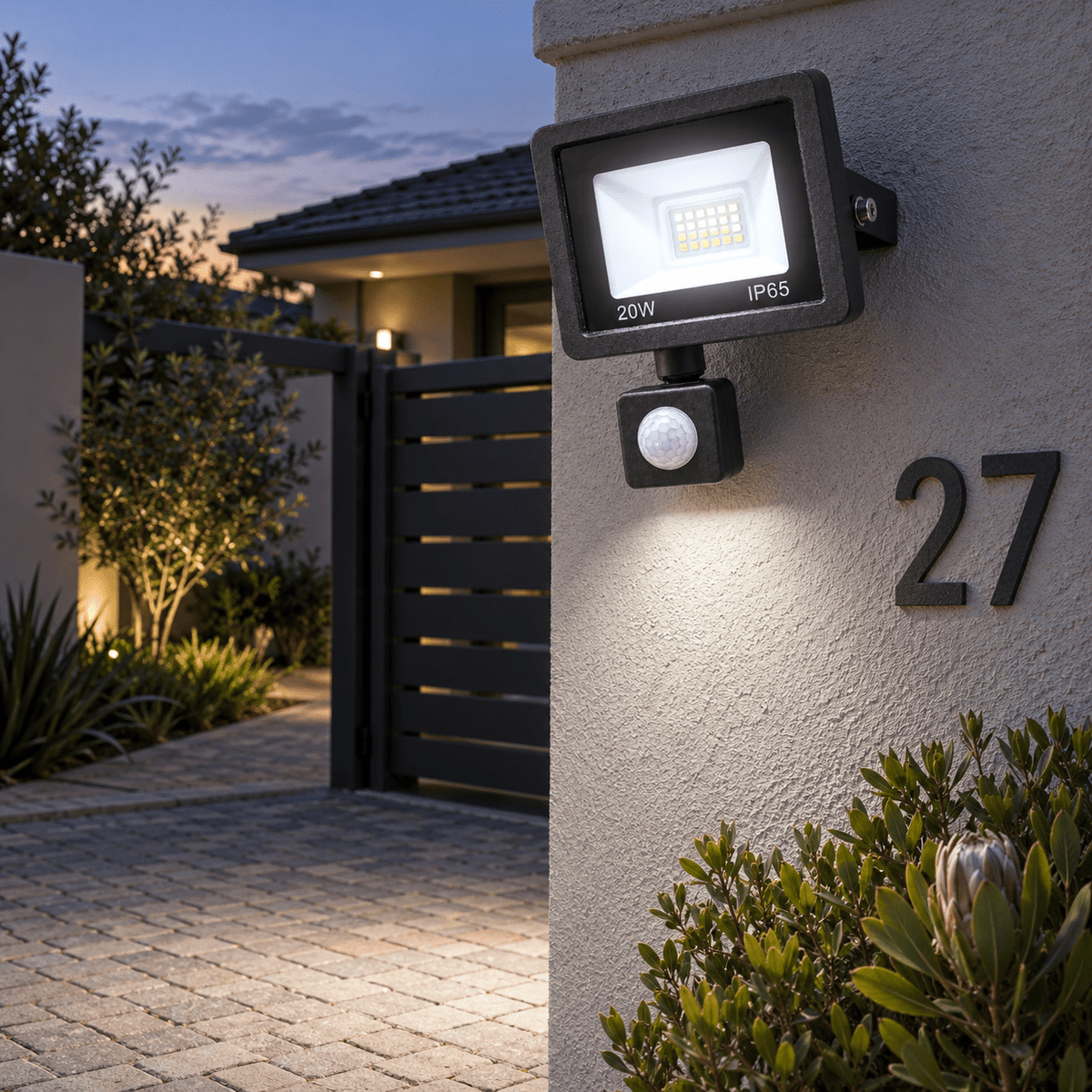 20W LED Black Flood Light IP65 - PIR Sensor — driveway entrance at dusk