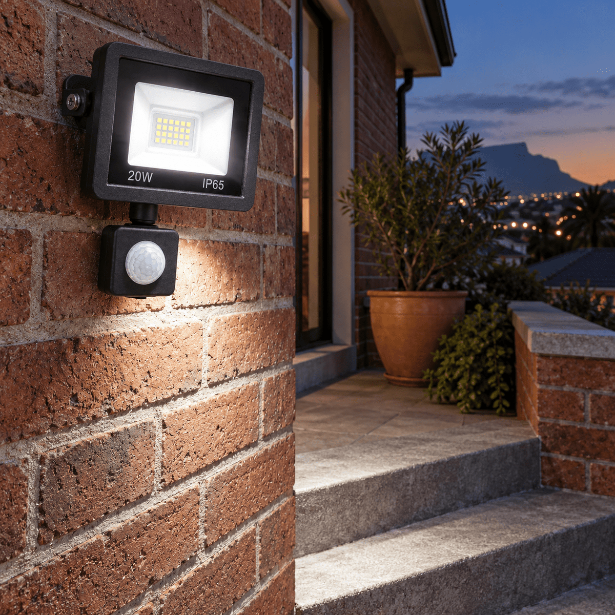 20W LED Black Flood Light IP65 - PIR Sensor — brick patio and step landing