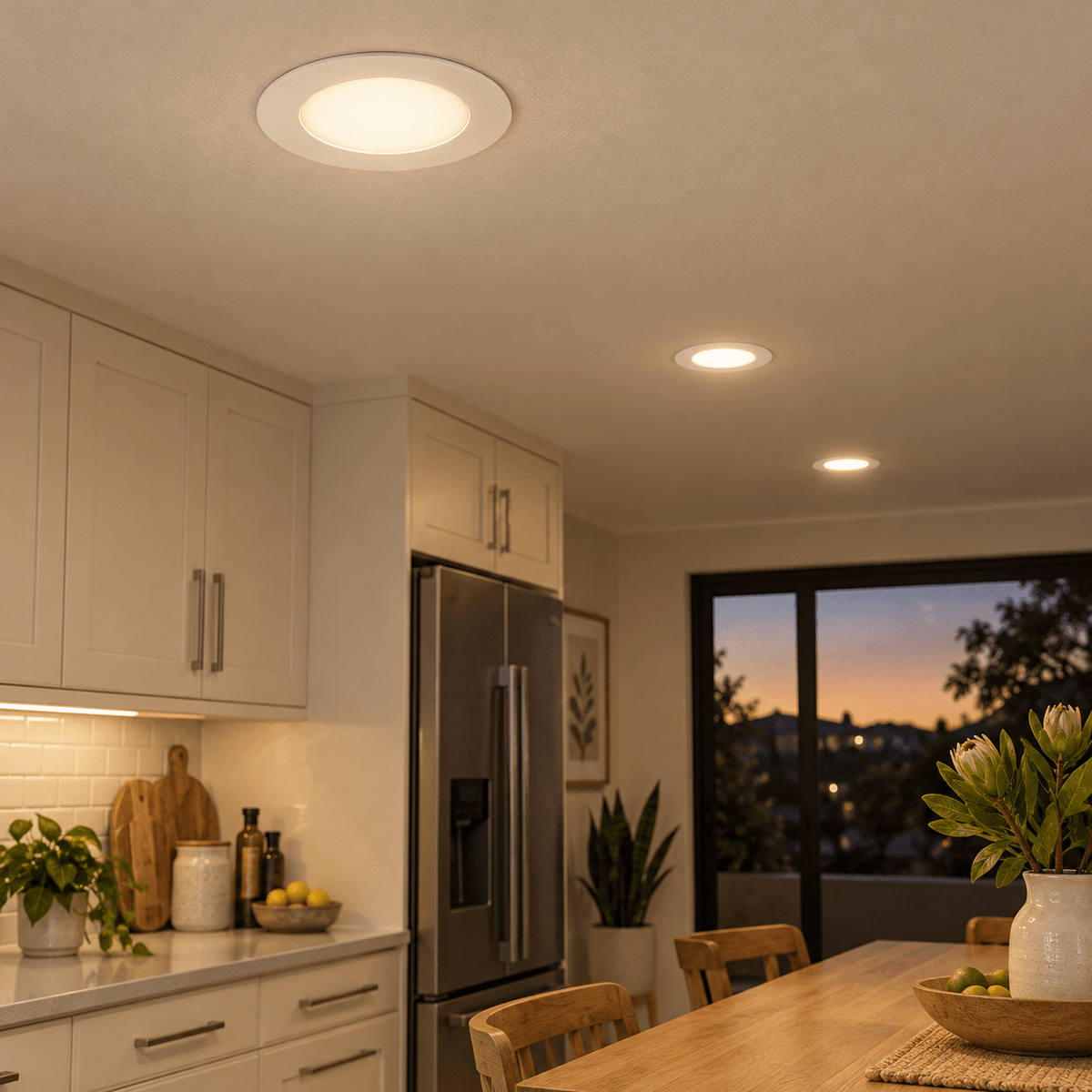 Bright White LED Recessed Downlight Dimmable — family kitchen in the evening
