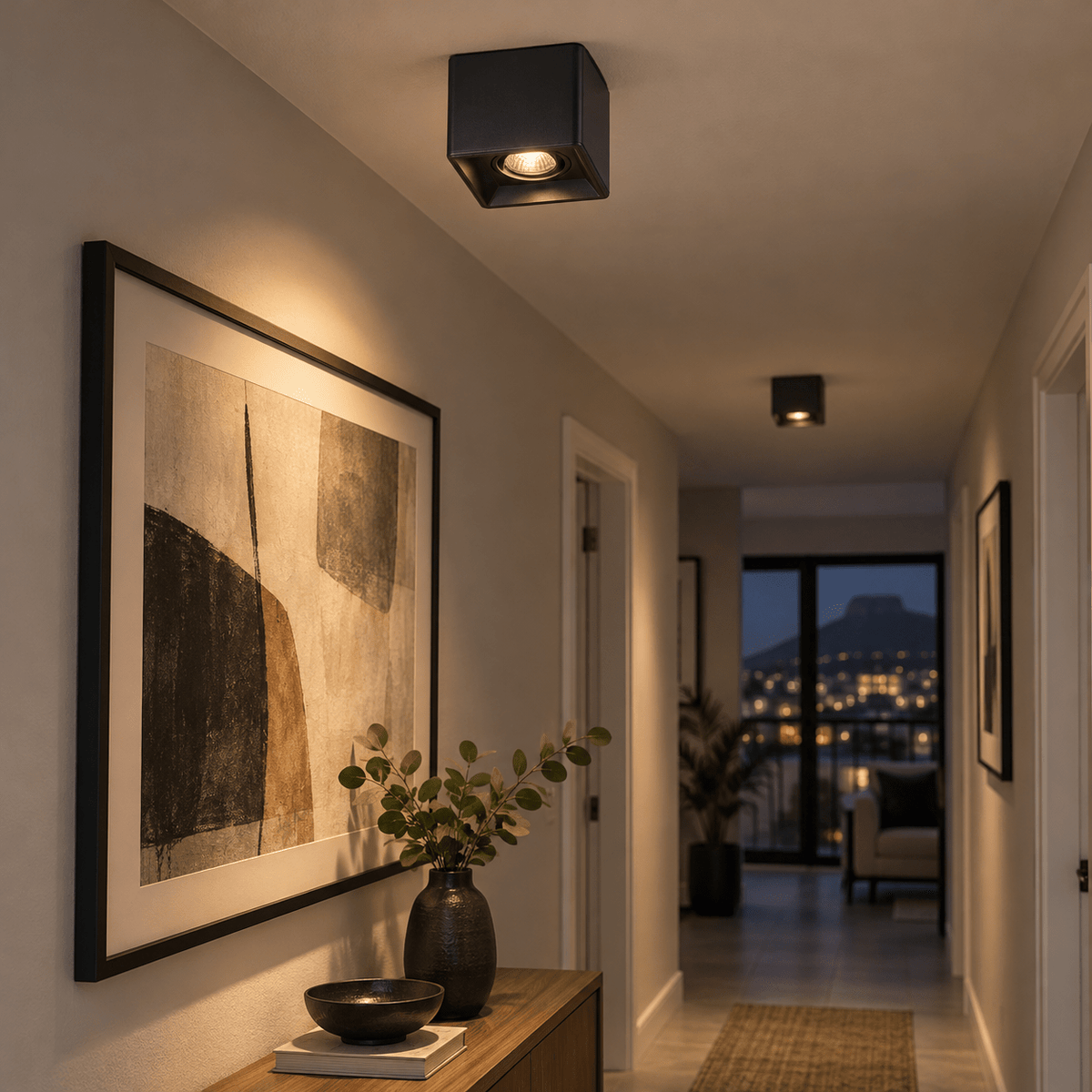 Black Surface Mount LED Downlighter Antiglare Adjustable — apartment corridor artwork