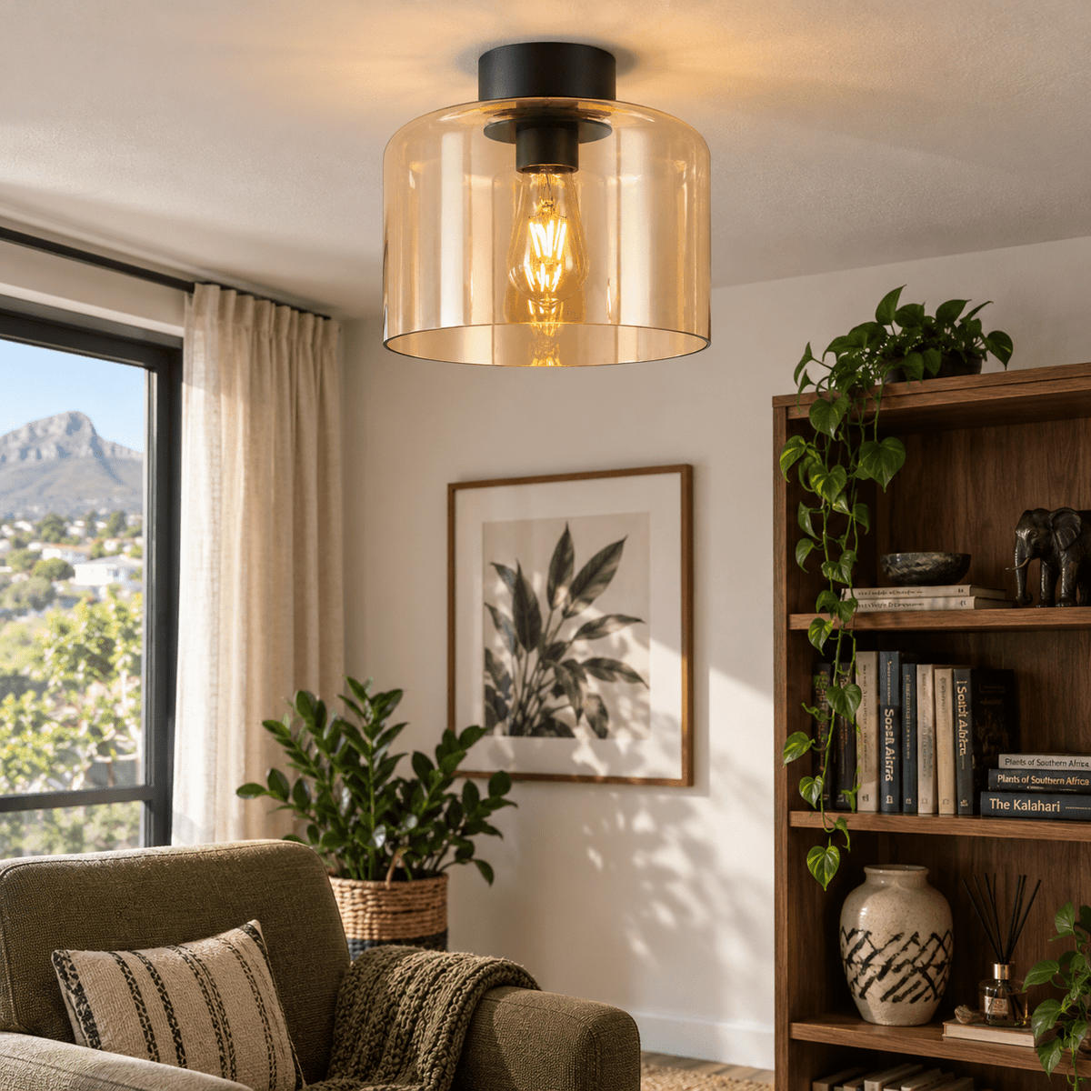 Amber Glass Matt Black Ceiling Light — daylit reading corner