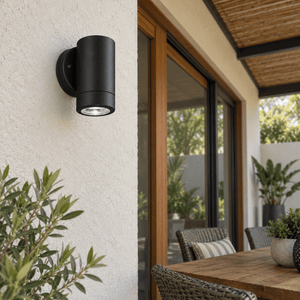 Black Outdoor Wall Light IP44 — shaded patio dining area