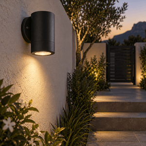 Black Outdoor Wall Light IP44 — boundary-wall steps at dusk