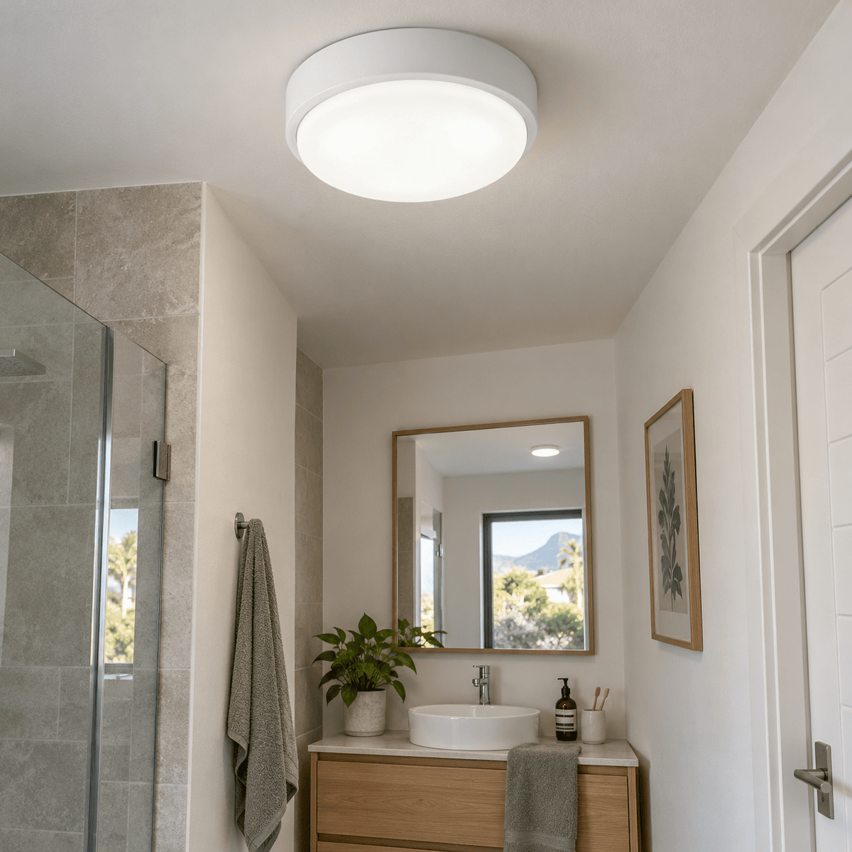 White LED Ceiling Light IP54 Cool White — in a bathroom vanity passage