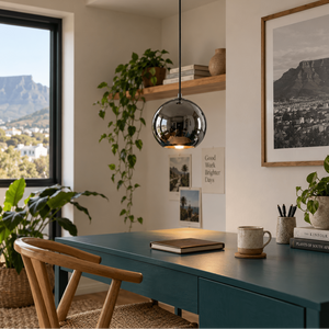 Chrome Glass Pendant Light — above a teal home office desk