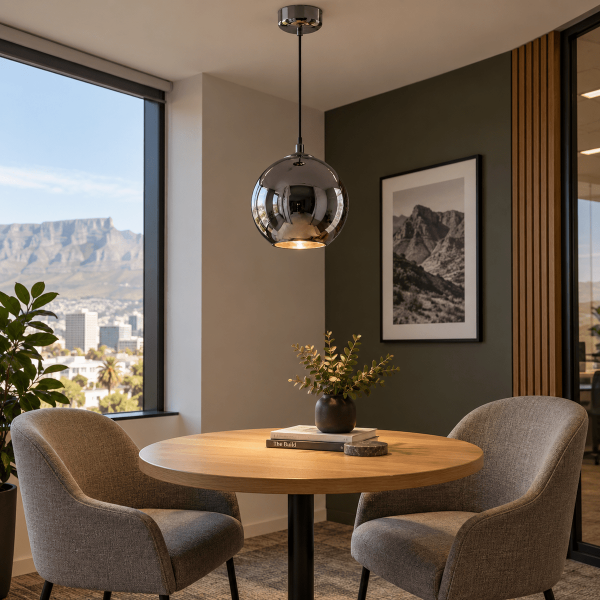 Chrome Glass Pendant Light — over a small meeting table