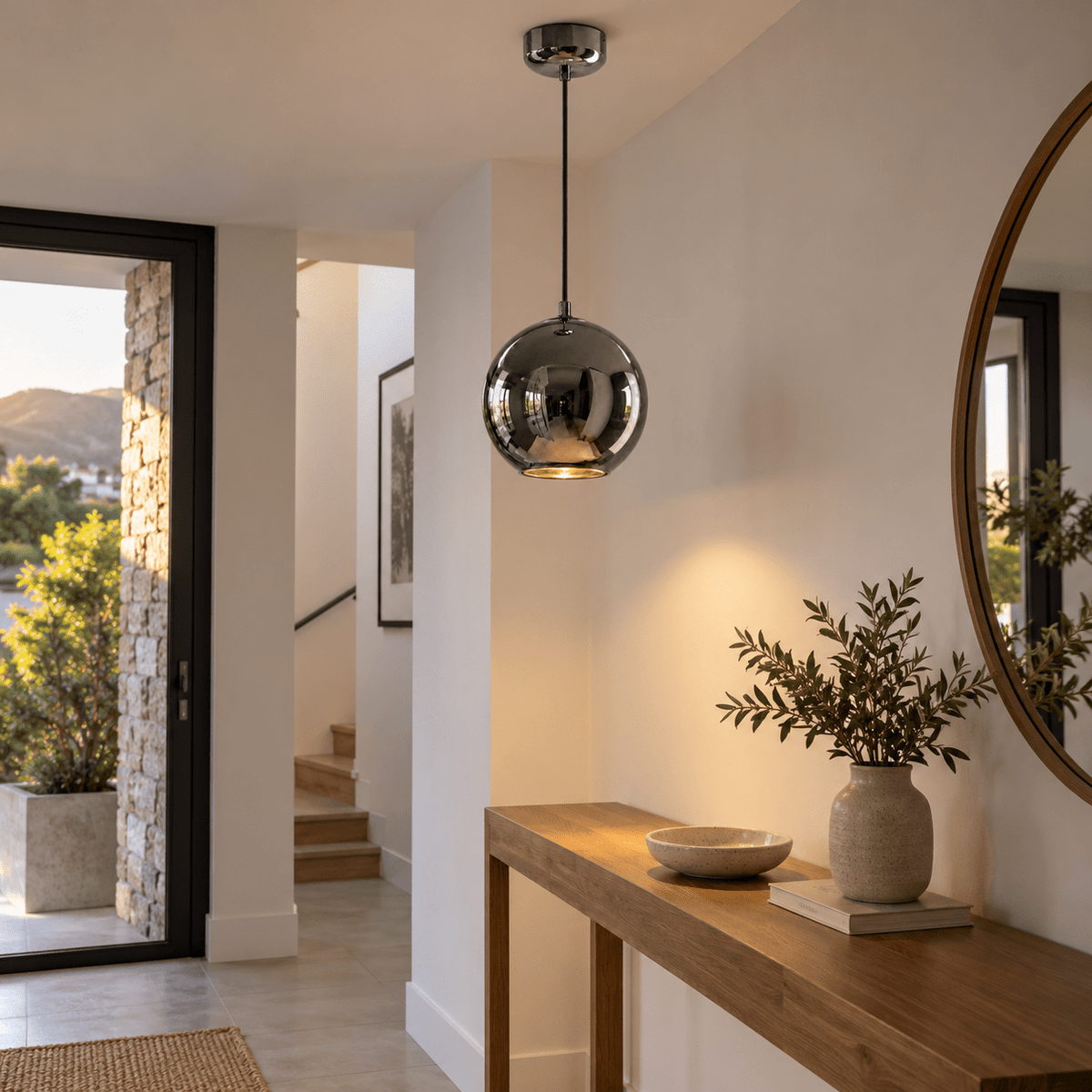 Chrome Glass Pendant Light — on an indoor entrance landing
