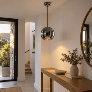Chrome Glass Pendant Light — on an indoor entrance landing