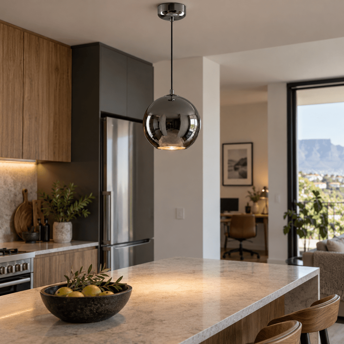Chrome Glass Pendant Light — above an open-plan kitchen island