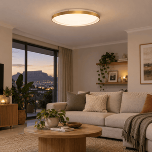 LED Gold Ceiling Fitting Dimmable Warm White — above a living room seating area