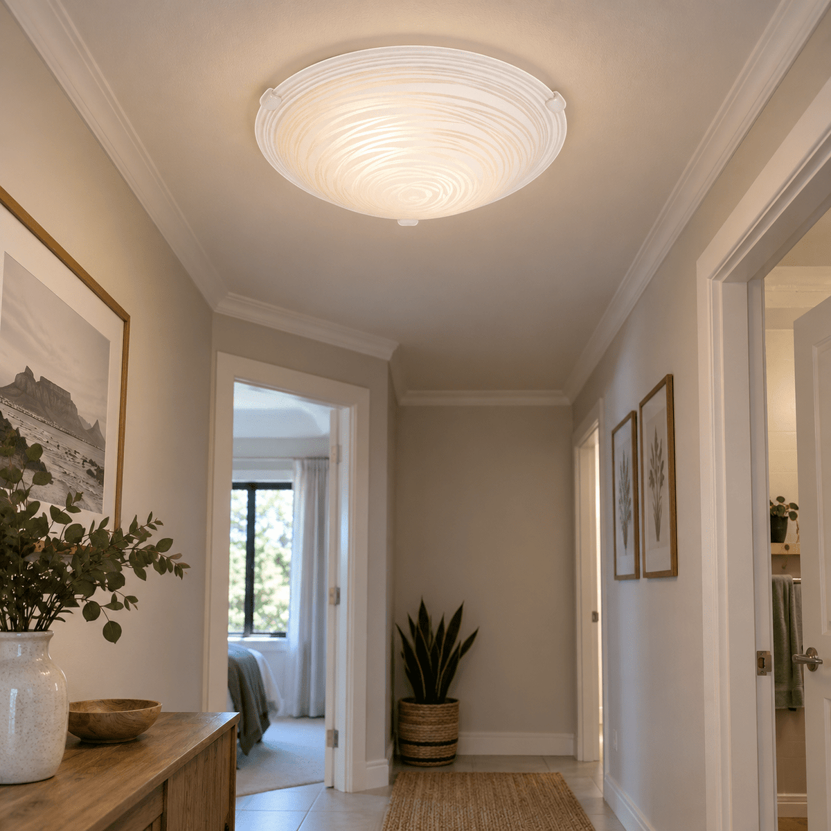 Patterned White Glass Ceiling Fitting Large — lighting an indoor hallway