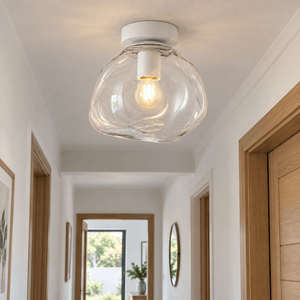 Small Glass Molten Ceiling Light – Clear Glass and White — in a daylight hallway