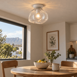 Small Glass Molten Ceiling Light – Clear Glass and White — above a compact breakfast table