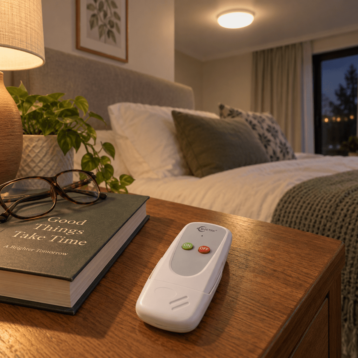 Wireless Remote Ceiling Light Control System — on a bedside table