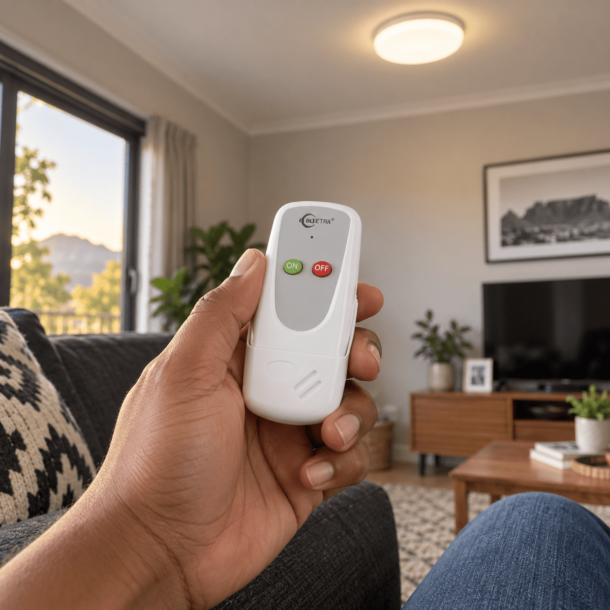 Wireless Remote Ceiling Light Control System — held from a lounge sofa