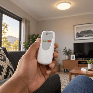 Wireless Remote Ceiling Light Control System — held from a lounge sofa