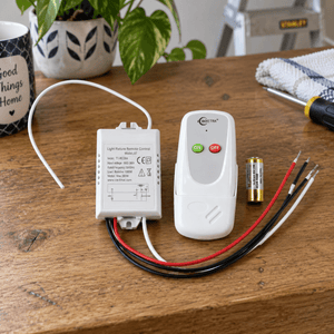 Wireless Remote Ceiling Light Control System — remote and receiver before installation
