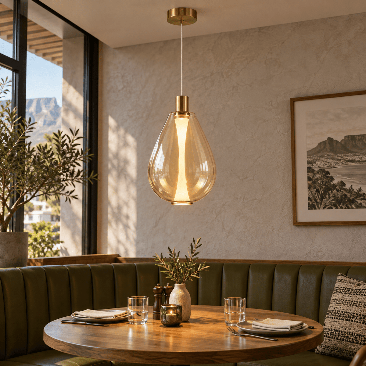 Amber LED Pendant Light — above a restaurant booth table