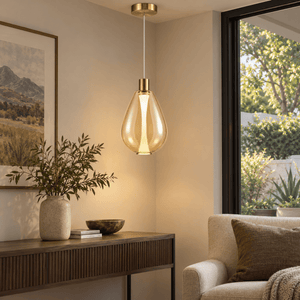 Amber LED Pendant Light — in a lounge corner