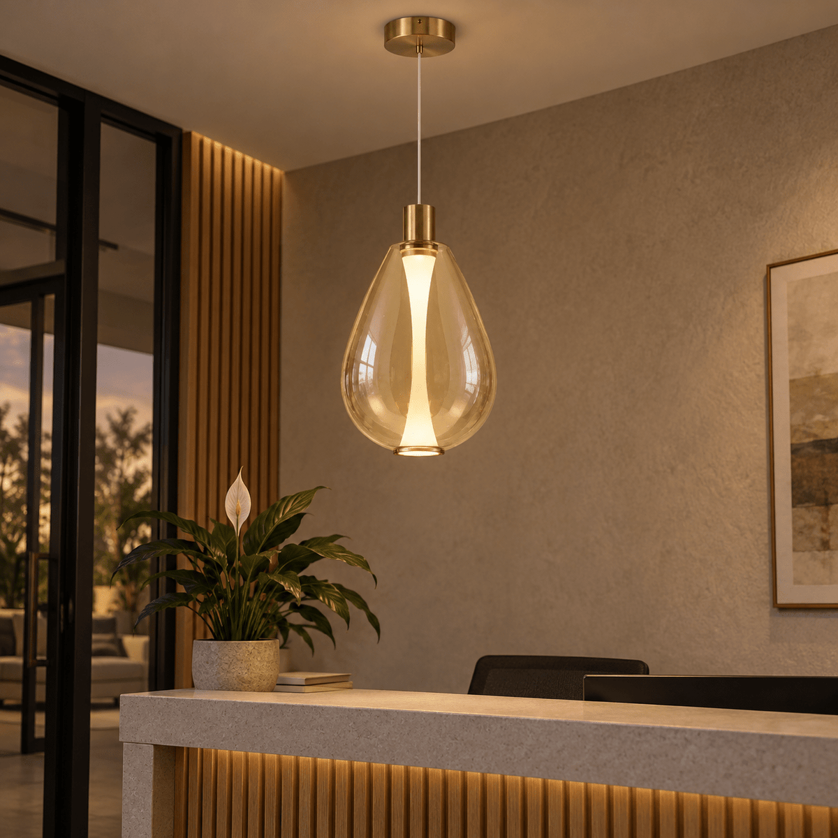 Amber LED Pendant Light — above a reception desk
