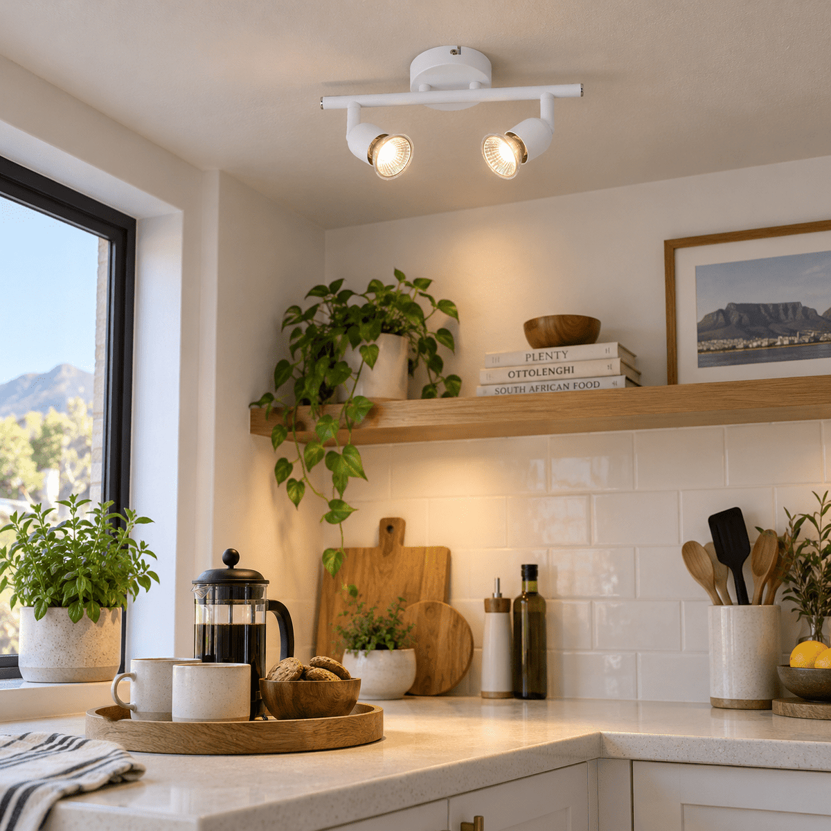 White LED Spotlight Dual Head — above a kitchen breakfast nook