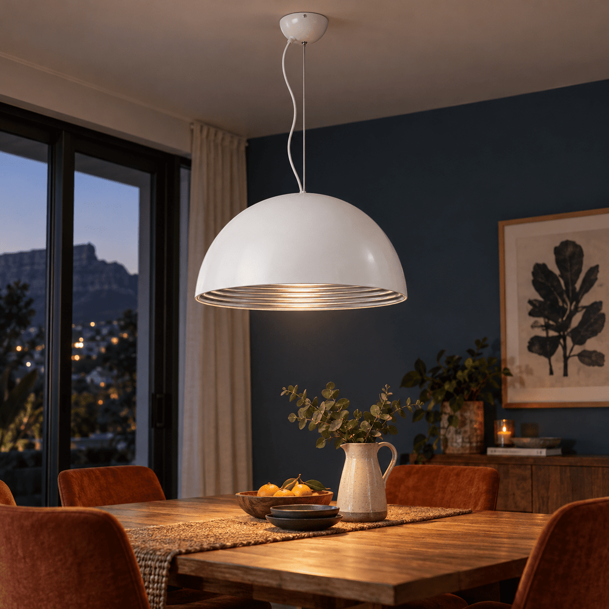 230V 40W E27 Large Dome Metal Pendant, White &amp; Silver - Shiny White outside & Silver inside — in an evening dining room