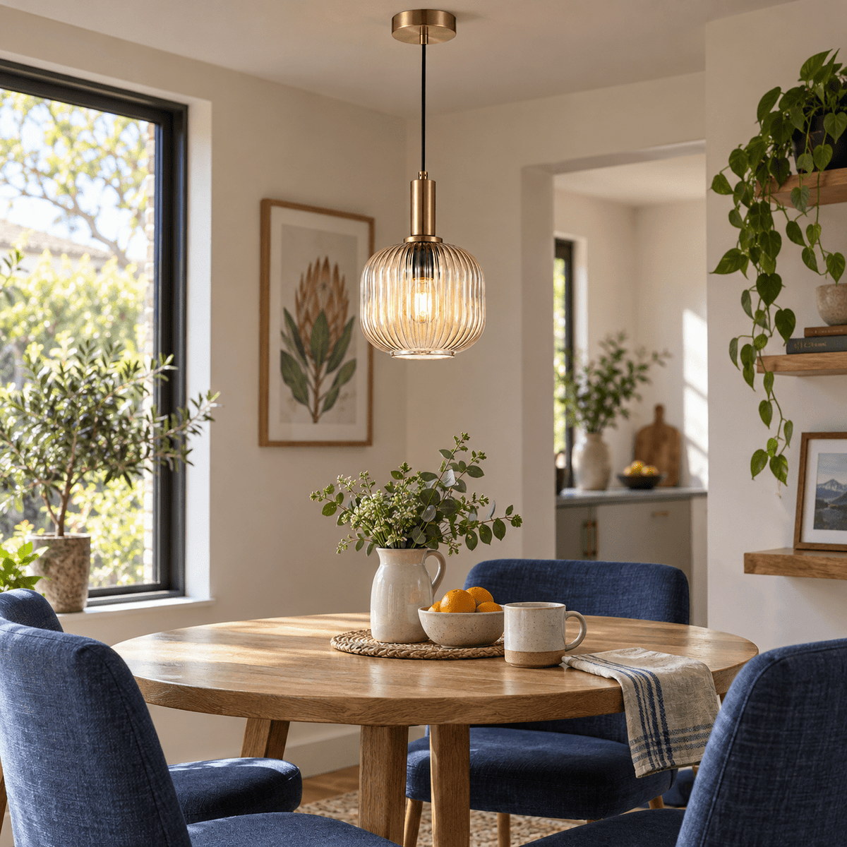 Jackie Amber Glass Antique Brass Pendant Light — over a breakfast table in daylight