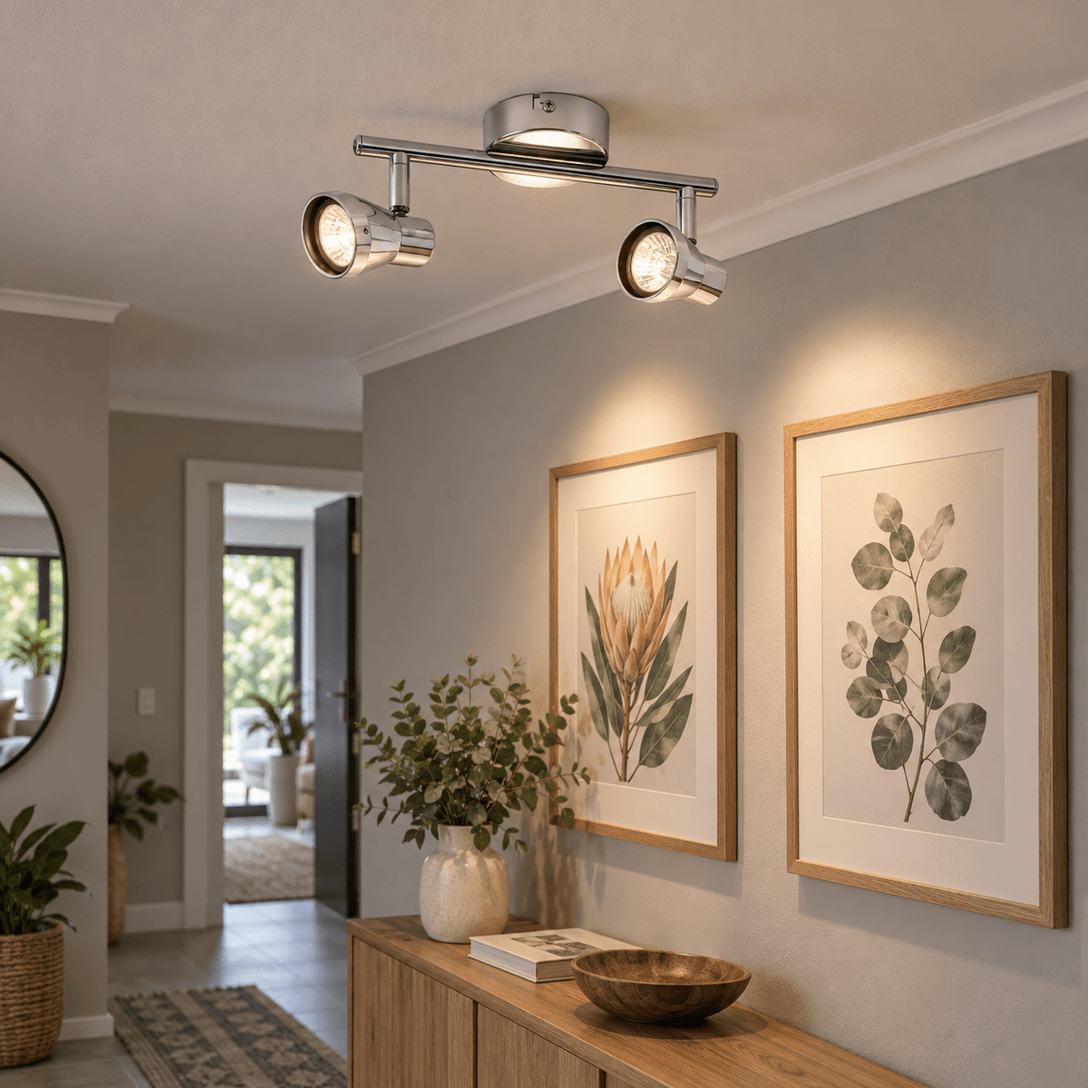 Polished Chrome Spotlight LED Compatible GU10 2-Light Fixture — highlighting hallway artwork