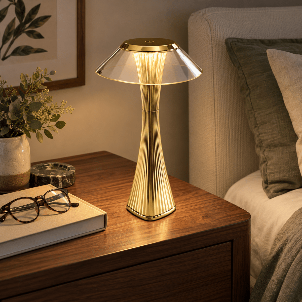 Golden Pixie Gold LED Table Lamp - Rechargeable Portable — on a bedside table