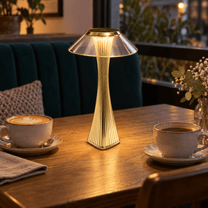 Golden Pixie Gold LED Table Lamp - Rechargeable Portable — on an indoor café table