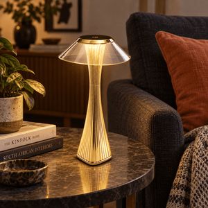 Golden Pixie Gold LED Table Lamp - Rechargeable Portable — beside an armchair in the evening