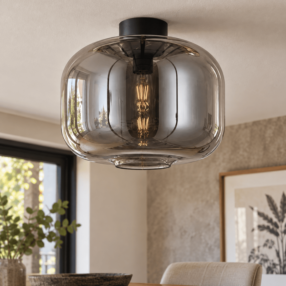 Glass Smoke Black Ceiling Light IP20 — smoke-glass ceiling detail in daylight