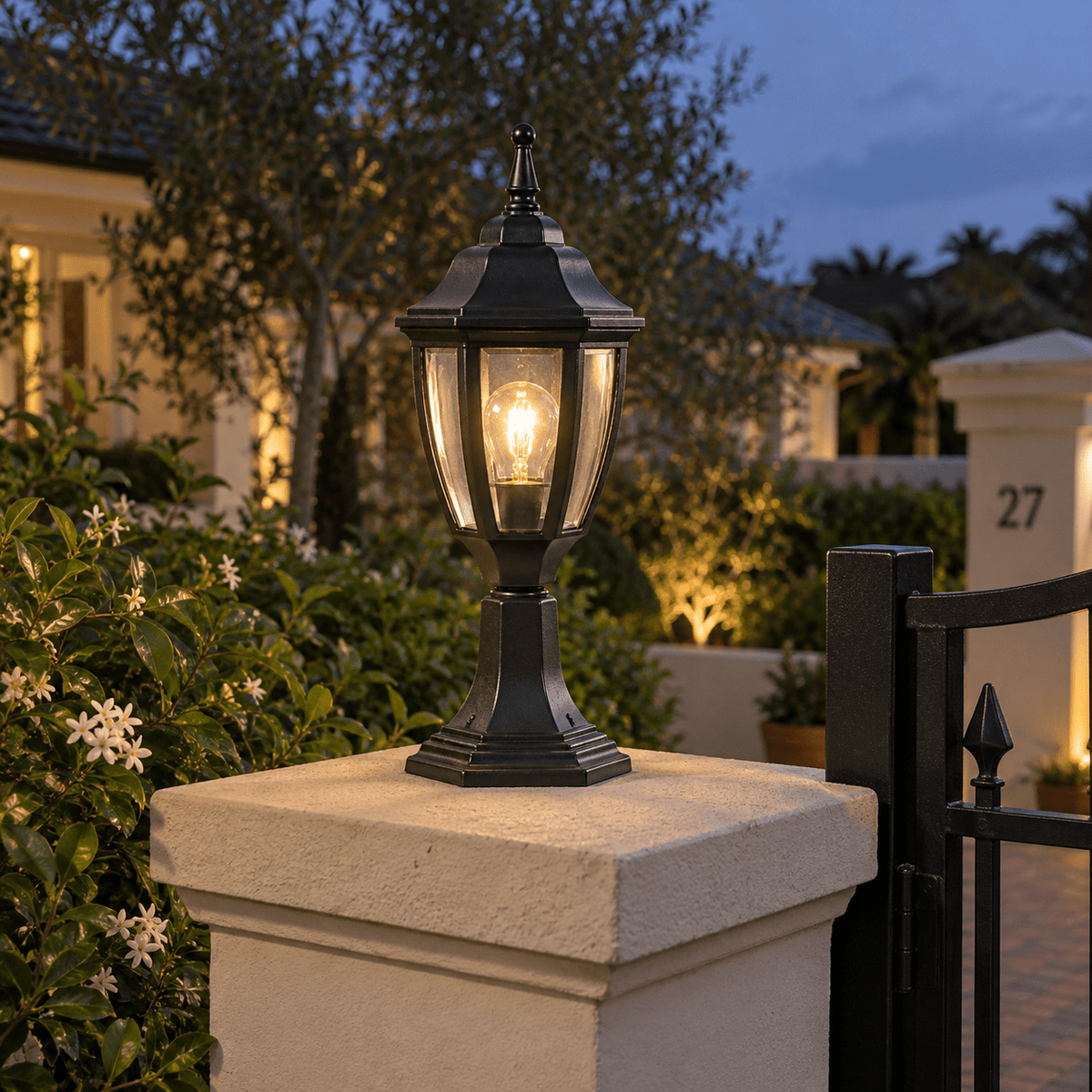 Black Outdoor Pillar Light - Die Cast Aluminium IP33 — on a residential gatepost at dusk