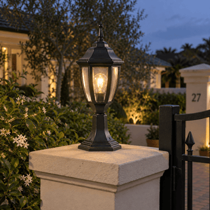 Black Outdoor Pillar Light - Die Cast Aluminium IP33 — on a residential gatepost at dusk